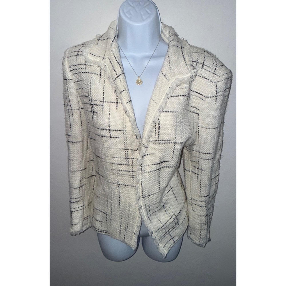 Kasper Petite Cream Black Tweed Fringe‎ Trim Open Front Blazer Jacket 14P